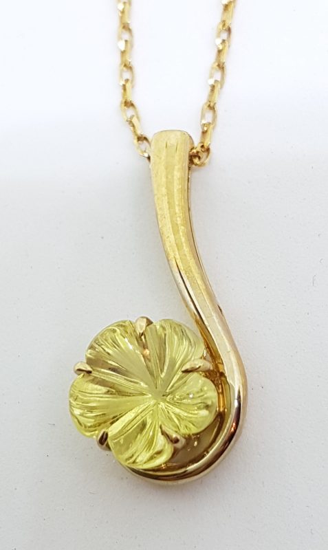 20200428_113954 9ct Yellow Gold Carved Lemon Citrine Long Drop Flower Pendant on Gold Chain
