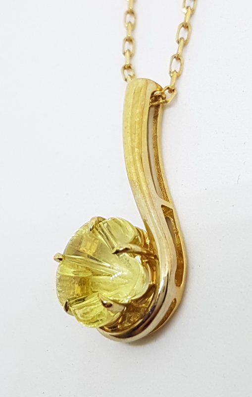 20200428_114006 9ct Yellow Gold Carved Lemon Citrine Long Drop Flower Pendant on Gold Chain