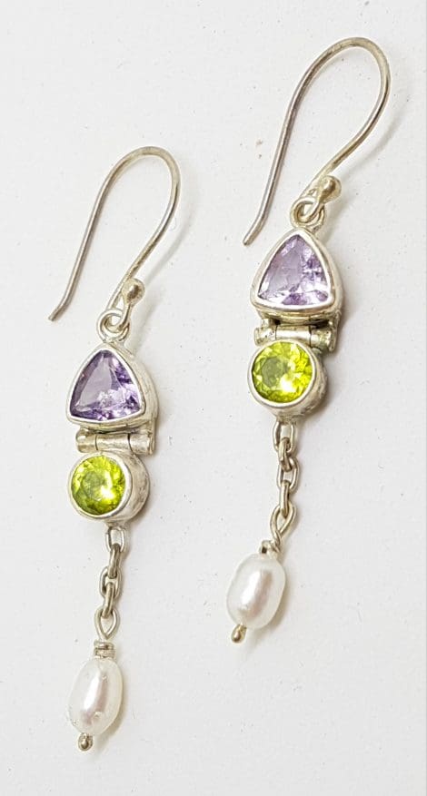 Sterling Silver Amethyst, Peridot & Pearl Long Earrings