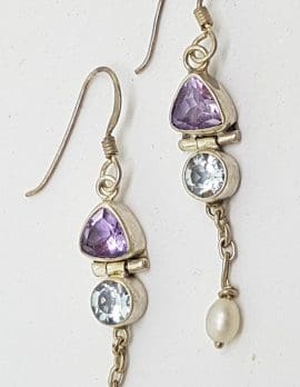Sterling Silver Amethyst, Topaz & Pearl Long Earrings