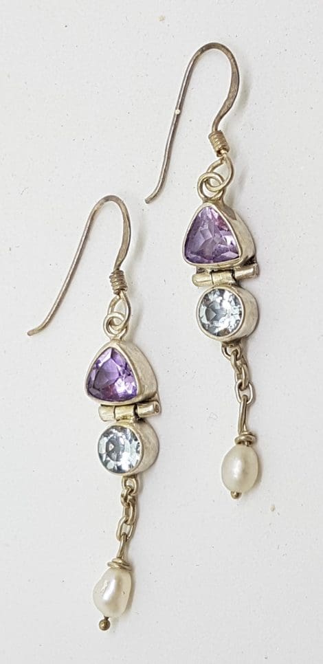 Sterling Silver Amethyst, Topaz & Pearl Long Earrings