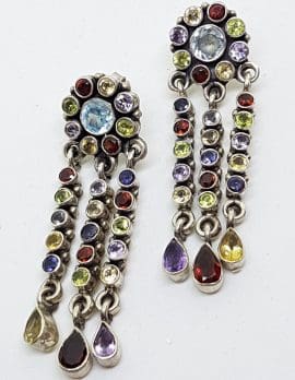 Sterling Silver Large Multi-Colour Gemstones Long Drop Earrings - Amethyst, Topaz, Citrine, Garnet, Peridot and Iolite