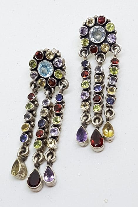 Sterling Silver Large Multi-Colour Gemstones Long Drop Earrings - Amethyst, Topaz, Citrine, Garnet, Peridot and Iolite