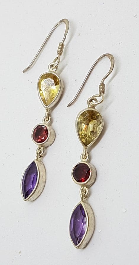 Sterling Silver Multi-Colour Gemstones Long Drop Earrings - Amethyst, Citrine, & Garnet