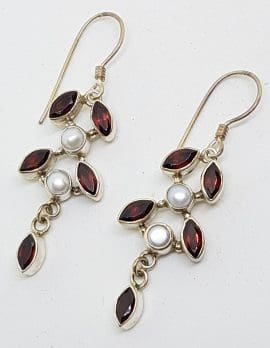 Sterling Silver Garnet & Pearl Leaf Design Long Drop Earrings
