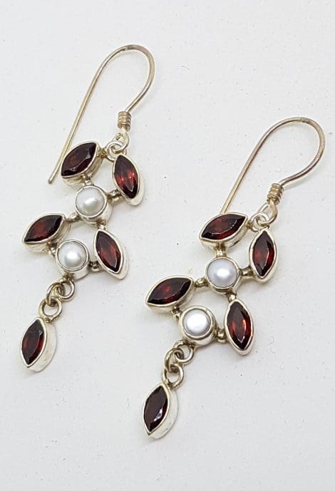 Sterling Silver Garnet & Pearl Leaf Design Long Drop Earrings
