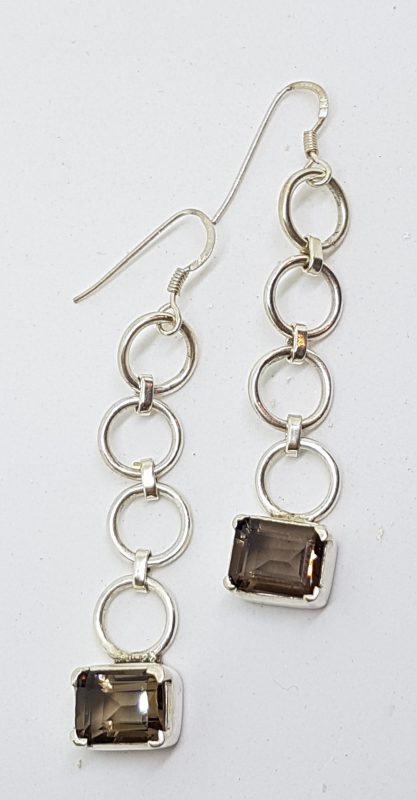 Sterling Silver Long Smokey Quartz Rectangular Drop Earrings