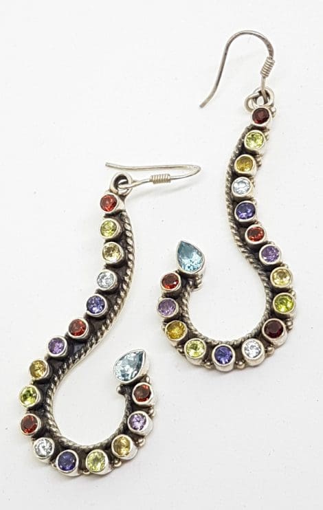 Sterling Silver Large Multi-Colour Gemstones Long Hook Shape Drop Earrings - Amethyst, Topaz, Citrine, Garnet, Peridot and Iolite