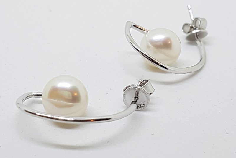 Sterling Silver Pearl Half Hoop Style Earrings