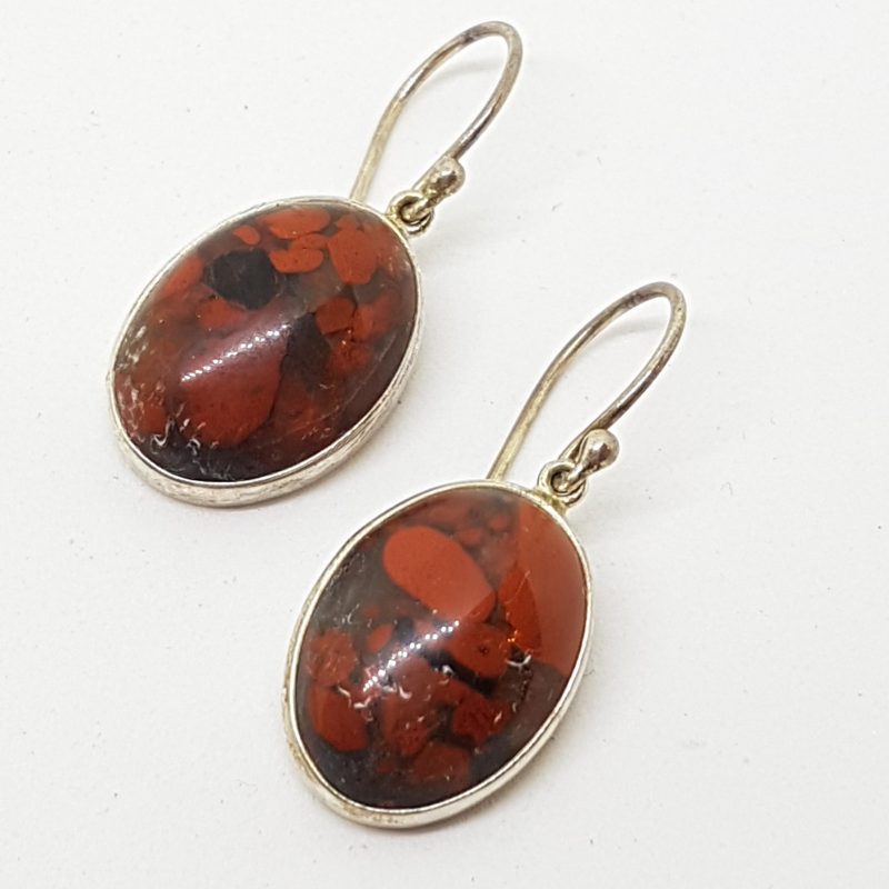 Sterling Silver Large Oval Bloodstone Drop Earrings