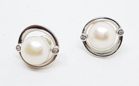 Sterling Silver Round Pearl and Cubic Zirconia Stud Earrings