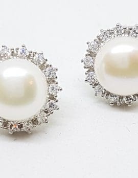 Sterling Silver Round Cluster Pearl and Cubic Zirconia Stud Earrings