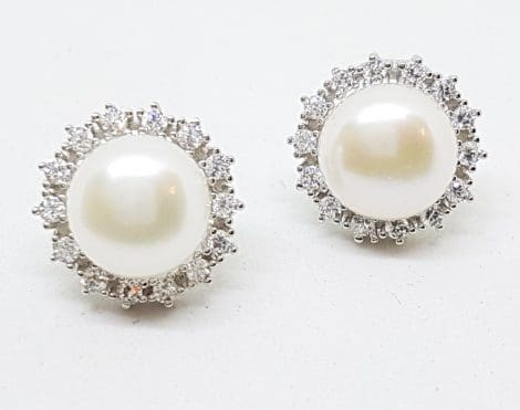 Sterling Silver Round Cluster Pearl and Cubic Zirconia Stud Earrings