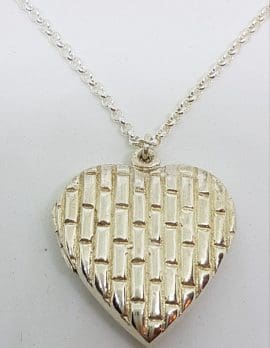 Sterling Silver Large Heart Shaped Patterned Locket Pendant on Sterling Silver Chain