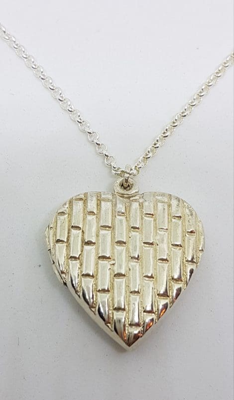 Sterling Silver Large Heart Shaped Patterned Locket Pendant on Sterling Silver Chain