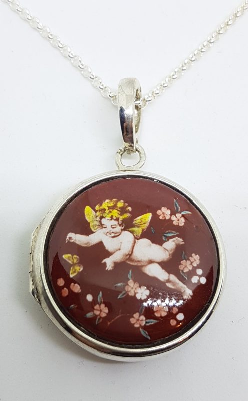 20200429_122934 Sterling Silver Ornate Enamel Cupid / Angel / Cherub with Embossed Tree of Life Large Round Locket Pendant on Sterling Silver Chain