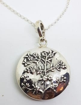 Sterling Silver Ornate Enamel Cupid with Embossed Tree of Life Large Round Locket Pendant on Sterling Silver Chain