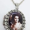 Sterling Silver Large Ornate Oval Lady Portrait Locket Pendant on Sterling Silver Chain