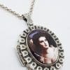Sterling Silver Large Ornate Oval Lady Portrait Locket Pendant on Sterling Silver Chain