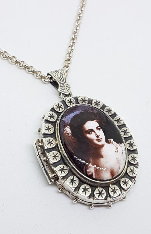 Sterling Silver Large Ornate Oval Lady Portrait Locket Pendant on Sterling Silver Chain