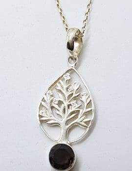 Sterling Silver Tree of Life with Smokey Quartz Pendant on Sterling Silver Chain