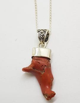 Sterling Silver Red Coral Pendant on Sterling Silver Chain