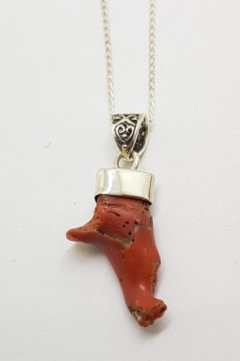 Sterling Silver Red Coral Pendant on Sterling Silver Chain