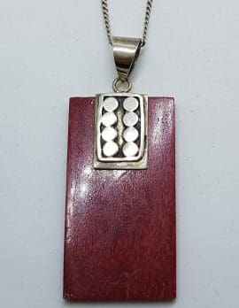 Sterling Silver Rectangular Red Coral Pendant on Sterling Silver Chain