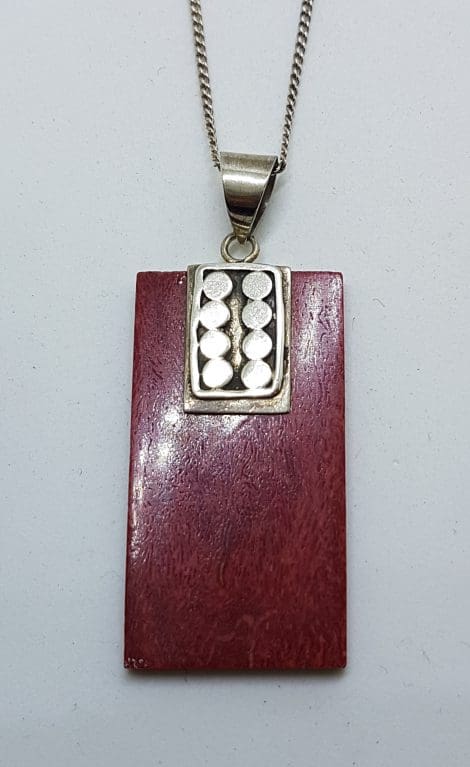 Sterling Silver Rectangular Red Coral Pendant on Sterling Silver Chain