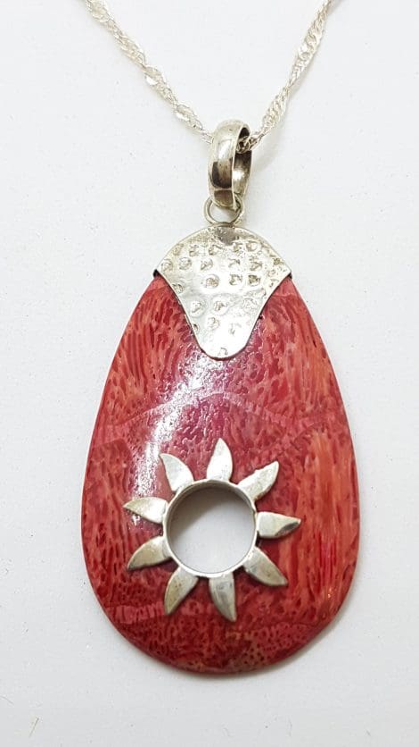 Sterling Silver Teardrop Shape with Sun Red Coral Pendant on Sterling Silver Chain