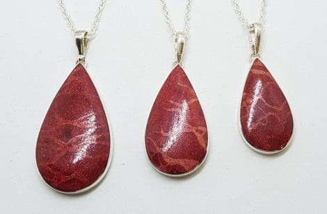 Sterling Silver Teardrop Shape Red Coral Pendant on Sterling Silver Chain - Available in Large, Medium & Small Sizes