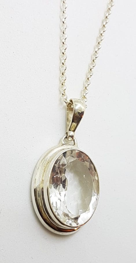 Sterling Silver Clear Crystal Quartz Oval Pendant on Sterling Silver Chain
