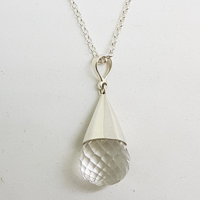 Sterling Silver Clear Crystal Quartz Drop Pendant on Sterling Silver