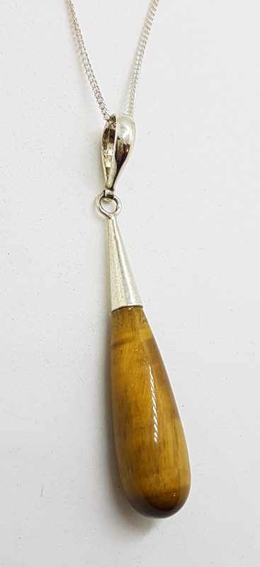 Sterling Silver Long Teardrop Shape Tiger Eye Pendant on Sterling Silver Chain