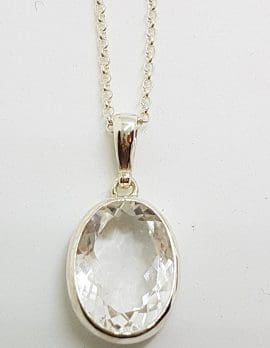 Sterling Silver Clear Crystal Quartz Oval Bezel Set Pendant on Sterling Silver Chain