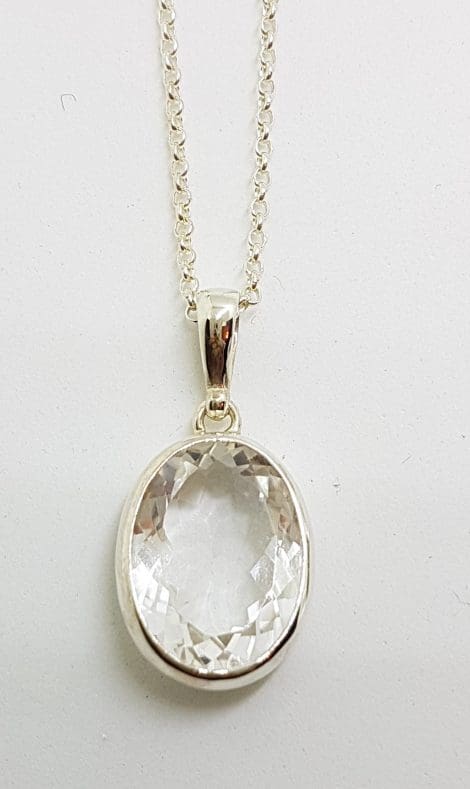 Sterling Silver Clear Crystal Quartz Oval Bezel Set Pendant on Sterling Silver Chain