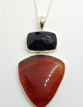 Sterling Silver Carnelian and Onyx Large Pendant on Sterling Silver Chain