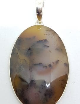 Sterling Silver Russian Dendritic Agate Large Oval Pendant on Sterling Silver Chain
