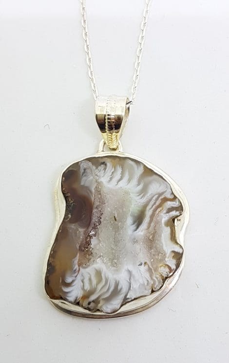 Sterling Silver Large Druzy Agate Pendant on Sterling Silver Chain