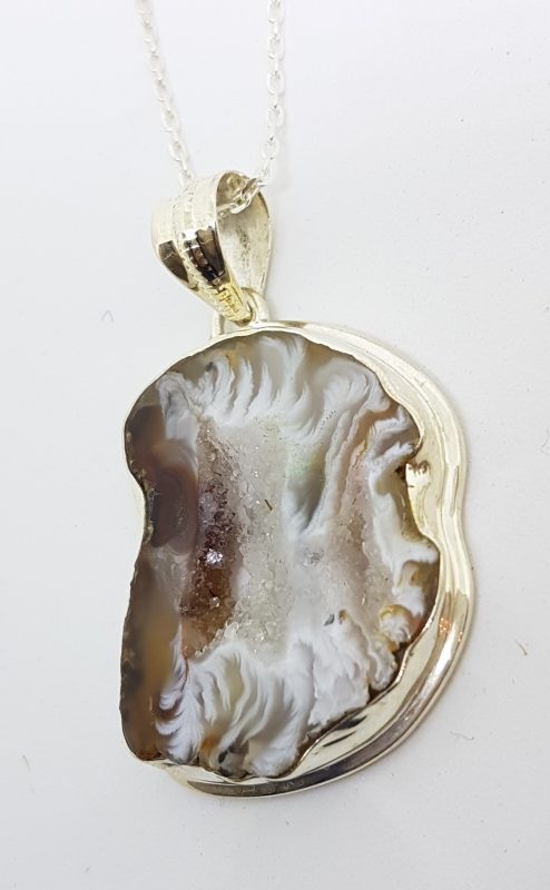 Sterling Silver Large Druzy Agate Pendant on Sterling Silver Chain