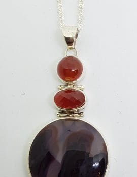 Sterling Silver Large Agate & Carnelian Pendant on Sterling Silver Chain