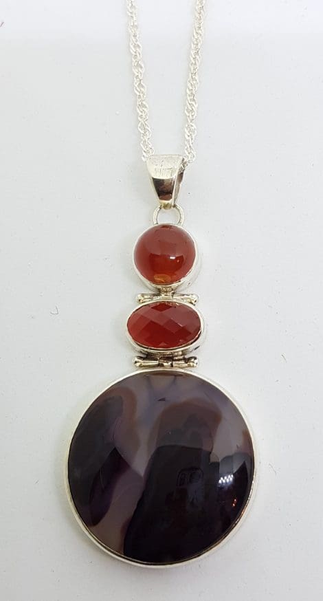 Sterling Silver Large Agate & Carnelian Pendant on Sterling Silver Chain