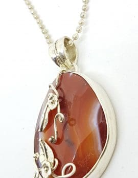 Sterling Silver Large Ornate Carnelian Pendant on Sterling Silver Chain