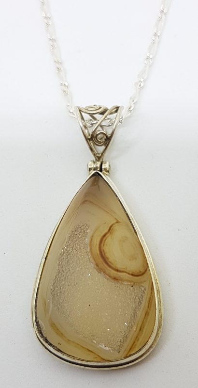 Sterling Silver Druzy Agate Teardrop Shape Pendant on Sterling Silver Chain