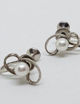 Sterling Silver Mikimoto Pearl Screw-On Earrings - Vintage