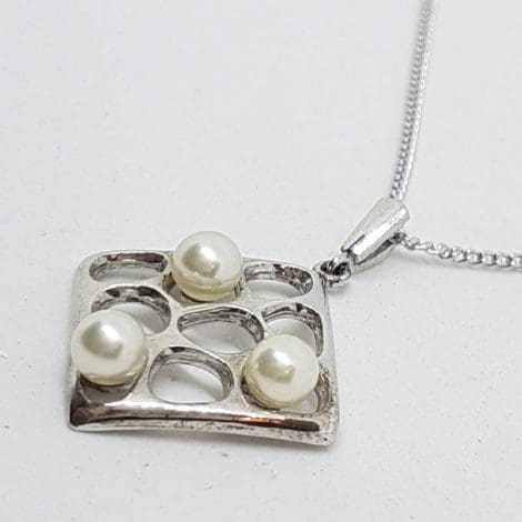 Sterling Silver Mikimoto Pearl Square Pendant on Sterling Silver Chain