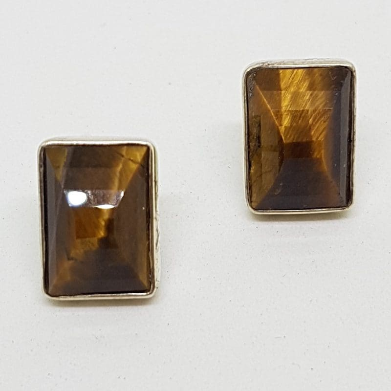 Sterling Silver Rectangular Stud Earrings - Tiger Eye