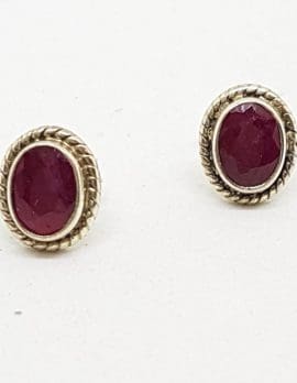 Sterling Silver Oval Stud Earrings - Ruby