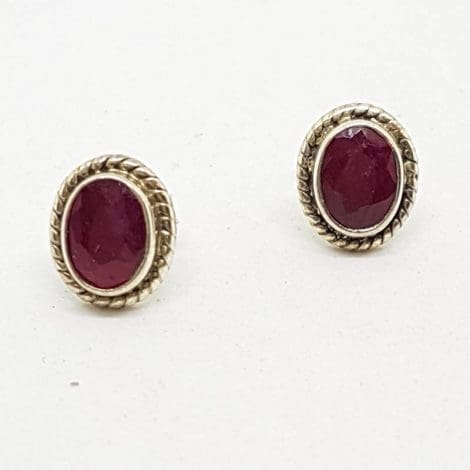 Sterling Silver Oval Stud Earrings - Ruby