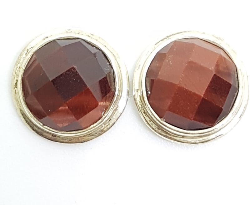 Sterling Silver Round Stud Earrings - Red Tiger Eye